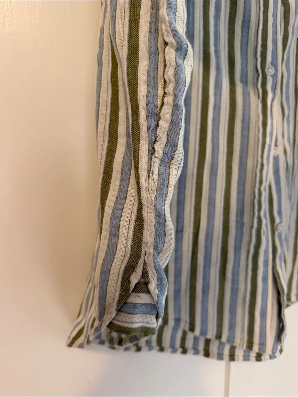 aerie Olive Green, Blue and White Striped Button-Down Shirt (NWT)